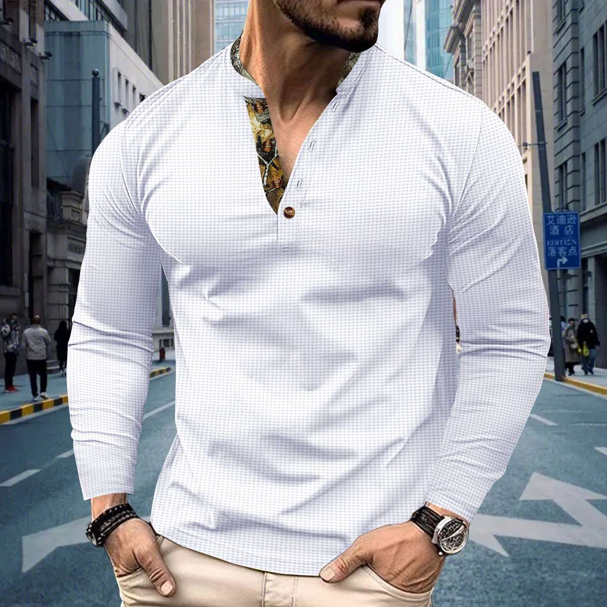 Men’s Polo Shirt Double-layer Stand Collar Long Sleeve